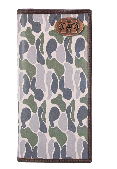 MSU Bulldogs Men's Secretary Old School Camo Leather Wallet. Gift For MS State Fan. Quality Full Grain Leather With Antique Copper Logo