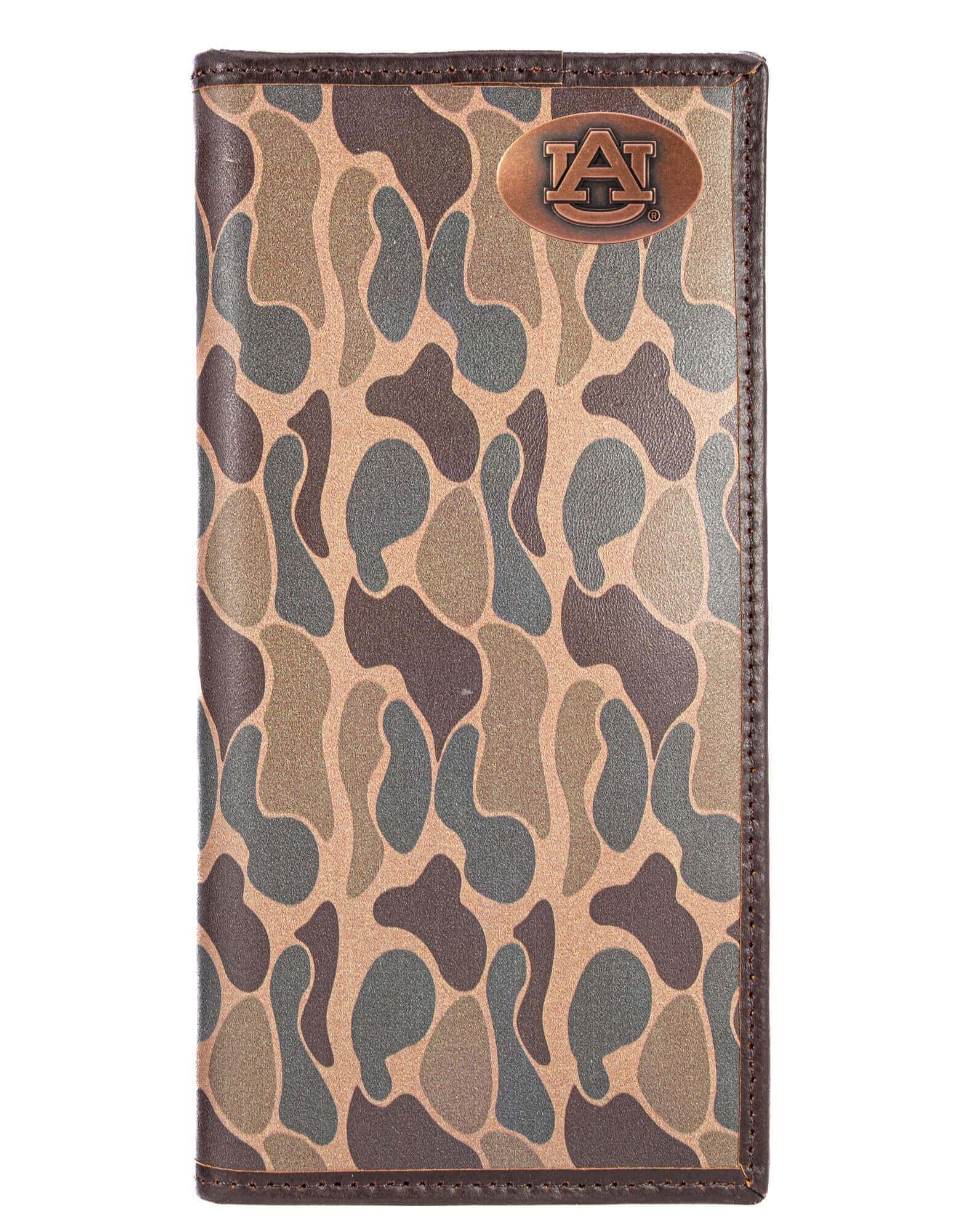 Auburn Tigers Men's Secretary Old School Camo Leather Wallet. Gift For War Eagle Fan. Quality Full Grain Leather With Antique Copper Logo