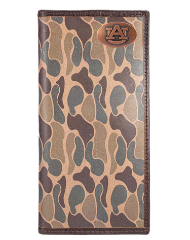 Auburn Tigers Men's Secretary Old School Camo Leather Wallet. Gift For War Eagle Fan. Quality Full Grain Leather With Antique Copper Logo