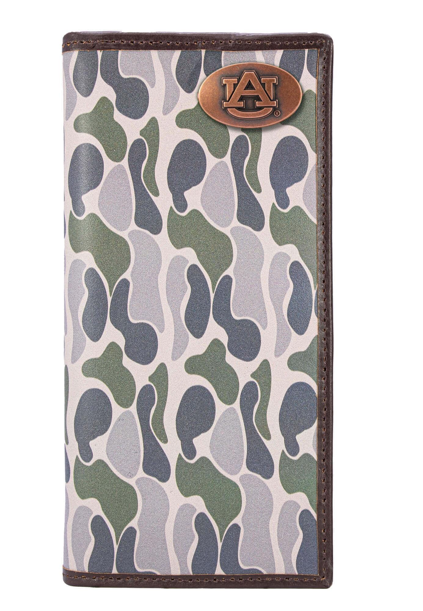Auburn Tigers Men's Secretary Old School Camo Leather Wallet. Gift For War Eagle Fan. Quality Full Grain Leather With Antique Copper Logo
