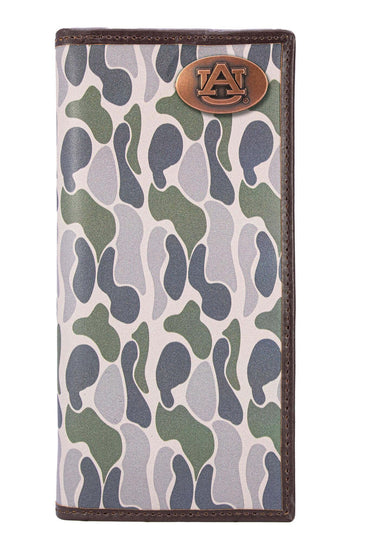 Auburn Tigers Men's Secretary Old School Camo Leather Wallet. Gift For War Eagle Fan. Quality Full Grain Leather With Antique Copper Logo