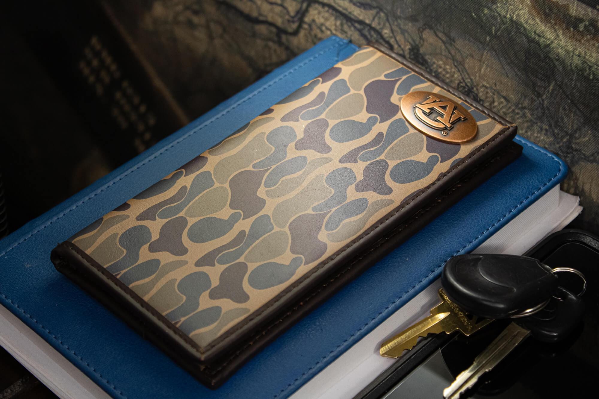 Auburn Tigers Men's Secretary Old School Camo Leather Wallet. Gift For War Eagle Fan. Quality Full Grain Leather With Antique Copper Logo