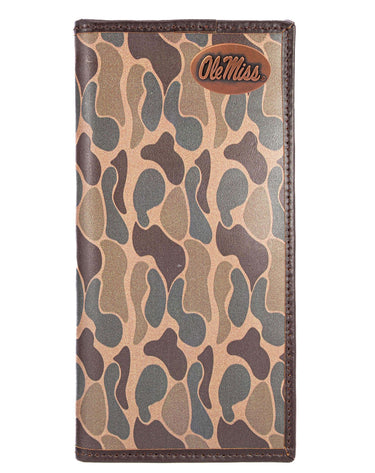 Ole Miss Rebels Men's Secretary Old School Camo Leather Wallet. Gift For Ole Miss Fan. Quality Full Grain Leather With Antique Copper Logo
