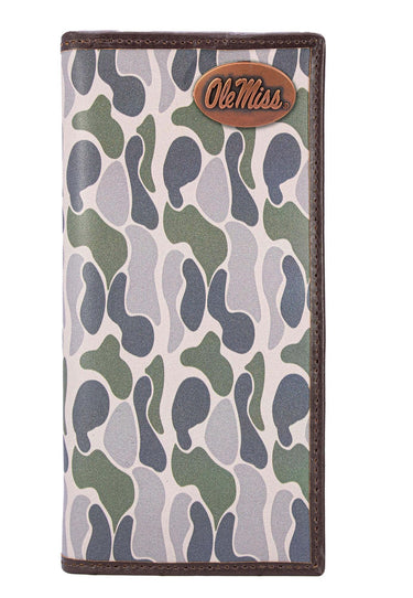 Ole Miss Rebels Men's Secretary Old School Camo Leather Wallet. Gift For Ole Miss Fan. Quality Full Grain Leather With Antique Copper Logo