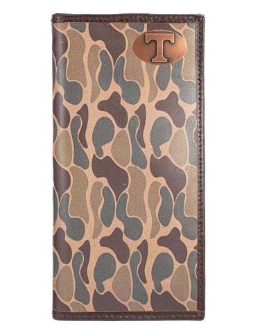 Tennessee Vols Men's Secretary Old School Camo Leather Wallet. Gift For UT Vols Fan. Quality Full Grain Leather With Antique Copper Logo
