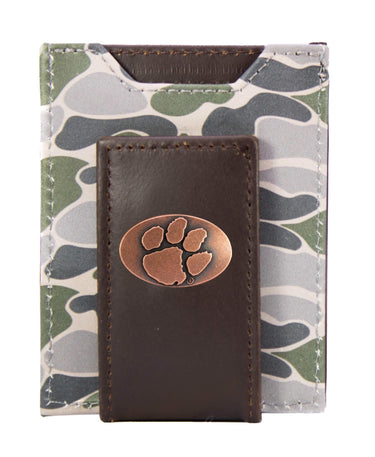 Clemson Tigers Men's Magnetic Front Pocket Old School Camo Leather Wallet. Gift For Clemson Fan. Quality Leather With Antique Copper Logo