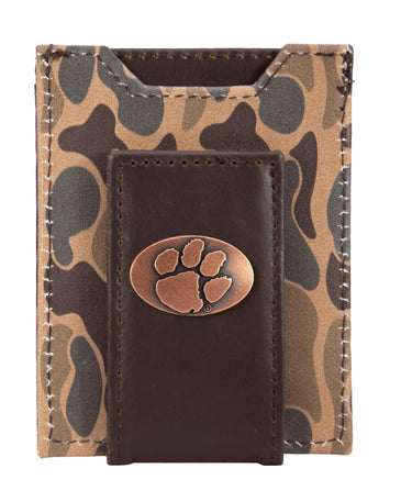 Clemson Tigers Men's Magnetic Front Pocket Old School Camo Leather Wallet. Gift For Clemson Fan. Quality Leather With Antique Copper Logo