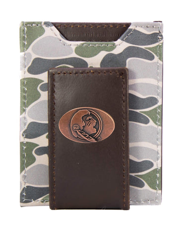FSU Seminoles Men's Magnetic Front Pocket Old School Camo Leather Wallet. Gift For FSU Noles Fan. Quality Leather With Antique Copper Logo