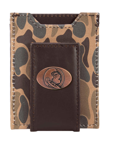 FSU Seminoles Men's Magnetic Front Pocket Old School Camo Leather Wallet. Gift For FSU Noles Fan. Quality Leather With Antique Copper Logo
