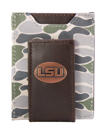 LSU Tigers Men's Magnetic Front Pocket Old School Camo Leather Wallet. Gift For LSU Fan. Quality Leather With Antique Copper Logo