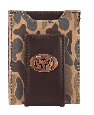 MSU Bulldogs Men's Magnetic Front Pocket Old School Camo Leather Wallet. Gift For MS State Fan. Quality Leather With Antique Copper Logo