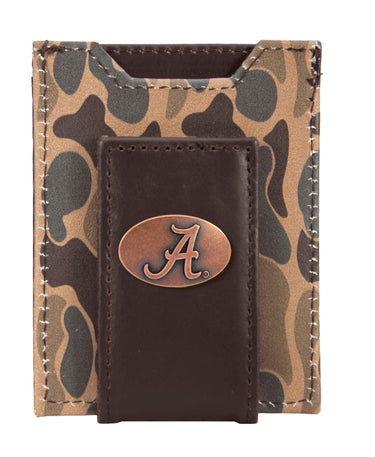 Alabama Crimson Tide Men's Magnetic Front Pocket Old School Camo Leather Wallet. Gift For BAMA Fan. Quality Leather With Antique Copper Logo