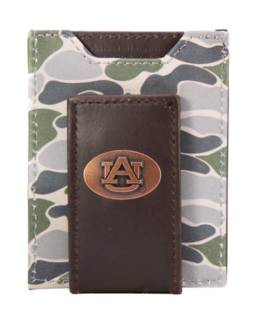 Auburn Tigers Men's Magnetic Front Pocket Old School Camo Leather Wallet. Gift For War Eagle Fan. Quality Leather With Antique Copper Logo