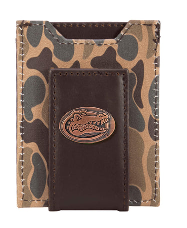 Florida Gators Men's Magnetic Front Pocket Old School Camo Leather Wallet. Gift For UF Gators Fan. Quality Leather With Antique Copper Logo