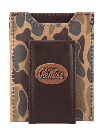 Ole Miss Rebels Men's Magnetic Front Pocket Old School Camo Leather Wallet. Gift For Ole Miss Fan. Quality Leather With Antique Copper Logo