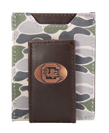 USC Gamecocks Men's Magnetic Front Pocket Old School Camo Leather Wallet. Gift For Carolina Fan. Quality Leather With Antique Copper Logo