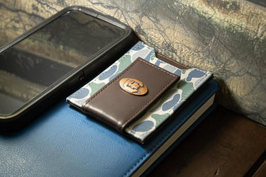 USC Gamecocks Men's Magnetic Front Pocket Old School Camo Leather Wallet. Gift For Carolina Fan. Quality Leather With Antique Copper Logo