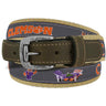 Clemson Tigers Men's Collegiate Stadium Collection Woven Ribbon Belt. Brown Full Grain Leather Tabs, Roller Buckle and Cotton Webbing.