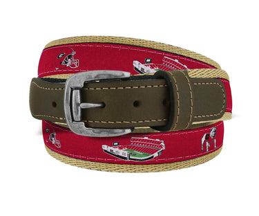 Georgia Bulldogs Men's Collegiate Stadium Collection Woven Ribbon Belt. Brown Full Grain Leather Tabs, Roller Buckle and Cotton Webbing.