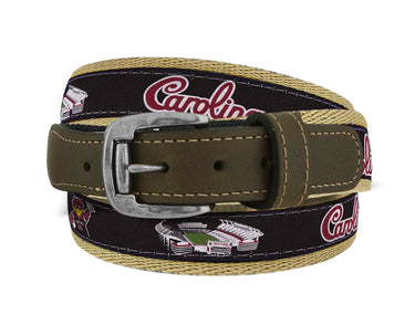 USC Gamecocks Men's Collegiate Stadium Collection Woven Ribbon Belt. Brown Full Grain Leather Tabs, Roller Buckle and Cotton Webbing.