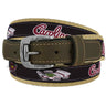 USC Gamecocks Men's Collegiate Stadium Collection Woven Ribbon Belt. Brown Full Grain Leather Tabs, Roller Buckle and Cotton Webbing.