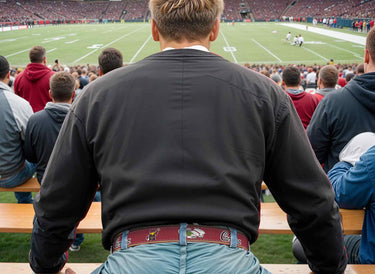 USC Gamecocks Men's Collegiate Stadium Collection Woven Ribbon Belt. Brown Full Grain Leather Tabs, Roller Buckle and Cotton Webbing.