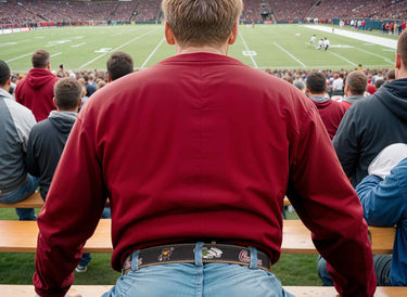 USC Gamecocks Men's Collegiate Stadium Collection Woven Ribbon Belt. Brown Full Grain Leather Tabs, Roller Buckle and Cotton Webbing.