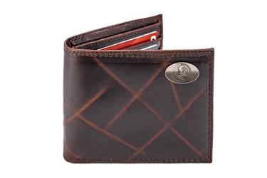 FSU Seminoles Men's Collegiate Bifold Leather Wallet. FSU Passcase Wallet. Noles Gift. Silver Metal Concho Emblem.