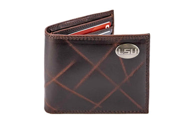 LSU Tigers Men's Collegiate Bifold Leather Wallet. LSU Passcase Wallet. Tigers Gift. Silver Metal Concho Emblem.