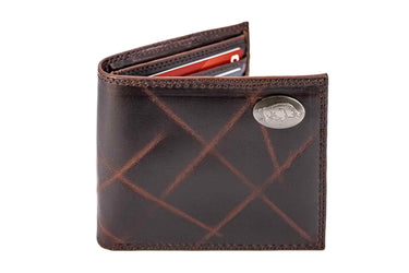 Arkansas Razorbacks Men's Collegiate Bifold Leather Wallet. Hogs Passcase Wallet. Hogs Gift. Silver Metal Concho Emblem.