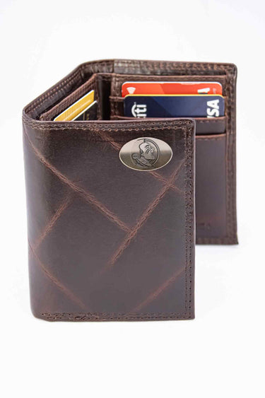 FSU Seminoles Men's Collegiate Trifold Leather Wallet. Seminoles Wallet. FSU Merch. Noles Gift. Silver Metal Concho Emblem