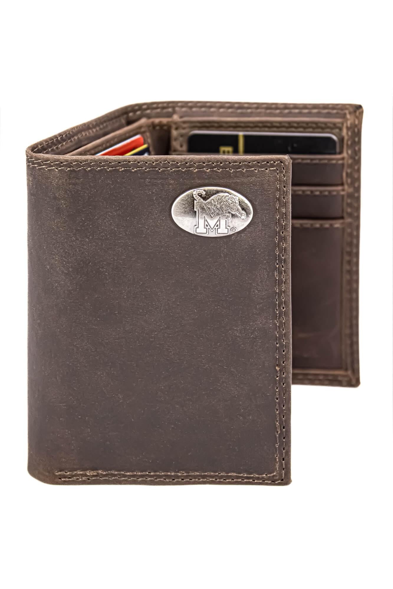 Memphis Tigers Men's Collegiate Trifold Leather Wallet. Tigers Wallet. Memphis Merch. Memphis Tigers Gift. Silver Metal Concho Emblem