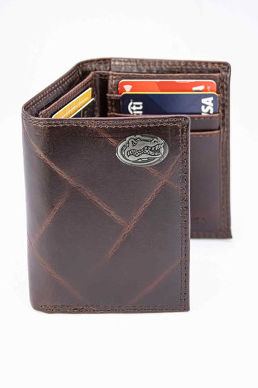 Florida Gators Men's Collegiate Trifold Leather Wallet. Florida Wallet. UF Merch. Gators Gift. Silver Metal Concho Emblem