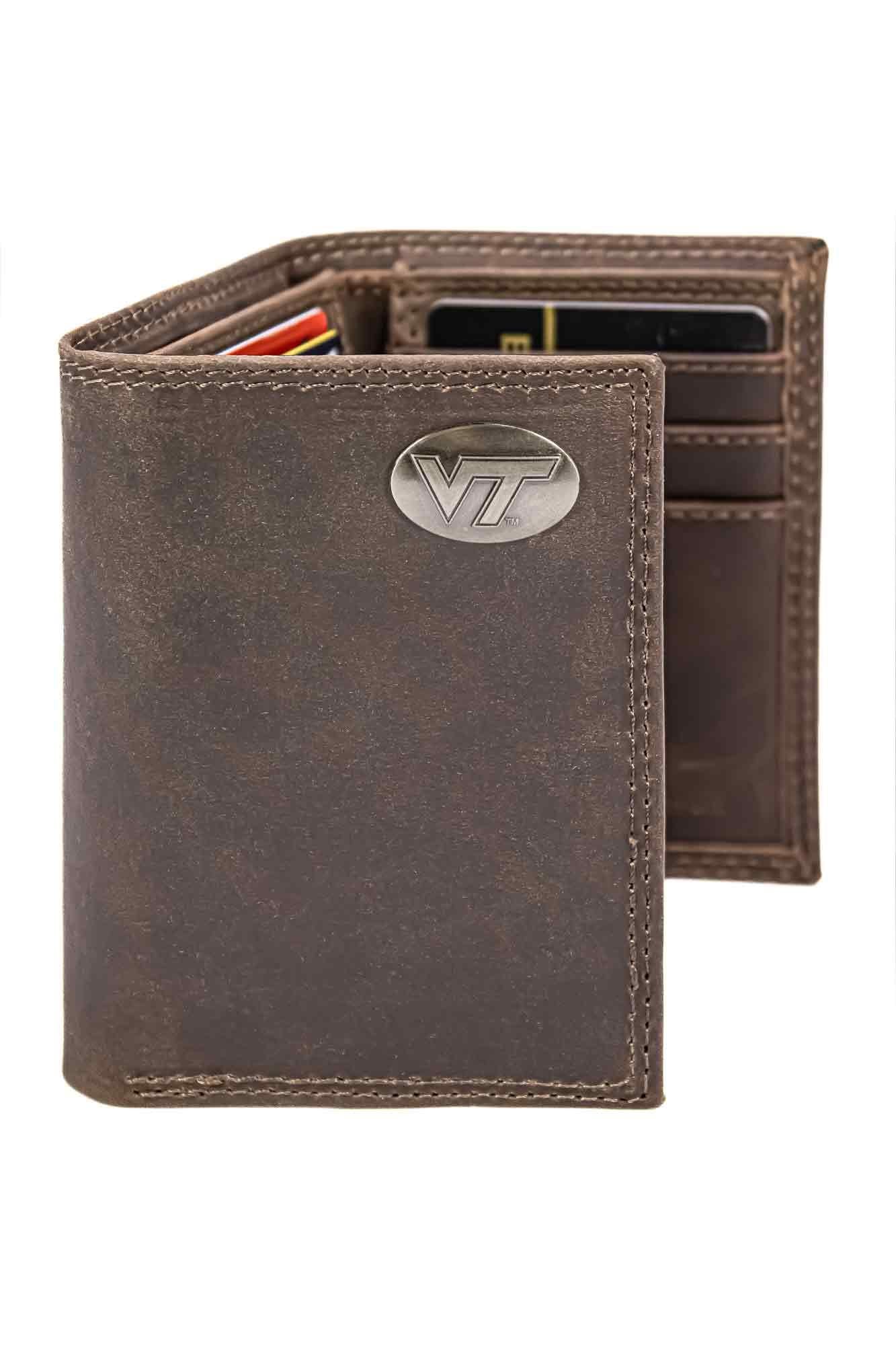 Virginia Tech Hokies Men's Collegiate Trifold Leather Wallet. Virginia Tech Wallet. Hokies Merch. VT Gift. Silver Metal Concho Emblem