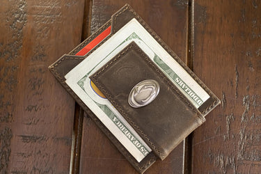 Penn State Nittany Lions Men's Collegiate Magnetic Front Pocket Leather Wallet. PSU Wallet. Penn State Slim Wallet. Silver Concho Emblem