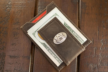 Auburn Tigers Men's Collegiate Magnetic Front Pocket Leather Wallet. Tigers Wallet. War Eagle Slim Wallet. Silver Concho Emblem