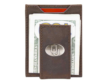 Oklahoma Sooners Men's Collegiate Magnetic Front Pocket Leather Wallet. Sooners Wallet. OU Slim Wallet. Silver Concho Emblem