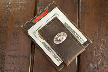 Texas Longhorns Men's Collegiate Magnetic Front Pocket Leather Wallet. Longhorns Wallet. Texas Slim Wallet. Silver Concho Emblem