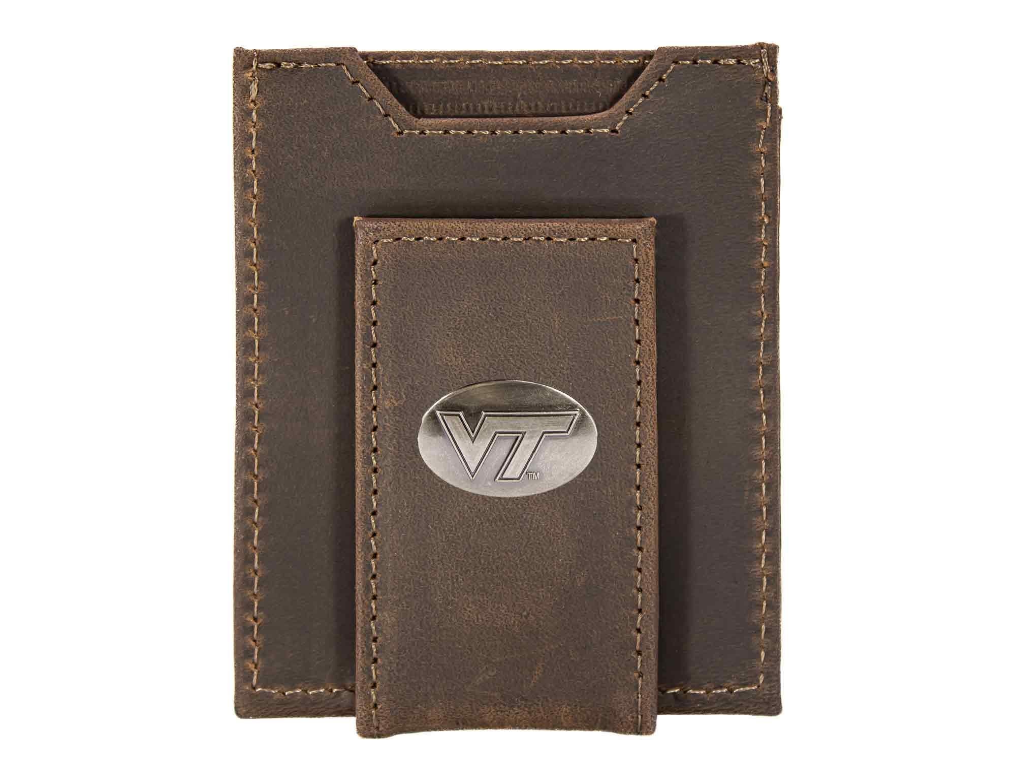 Virginia Tech Hokies Men's Collegiate Magnetic Front Pocket Leather Wallet. Hokies Wallet. VT Slim Wallet. Silver Concho Emblem