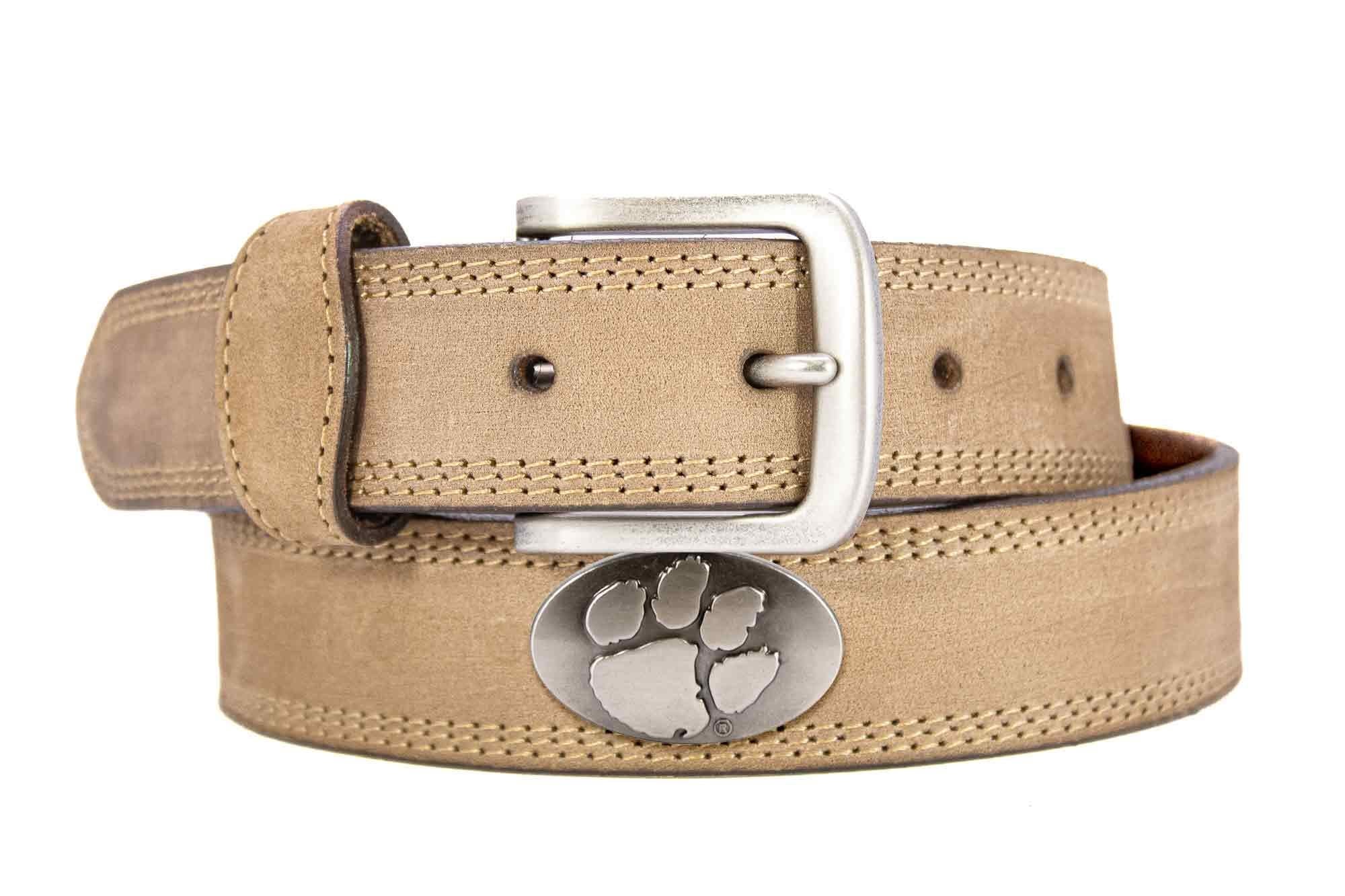 Clemson Tigers Men's Collegiate Leather Belt. Clemson Merch. Crazy-horse With Metal Emblem Conchos. Tigers Outdoor Rugged Belt.