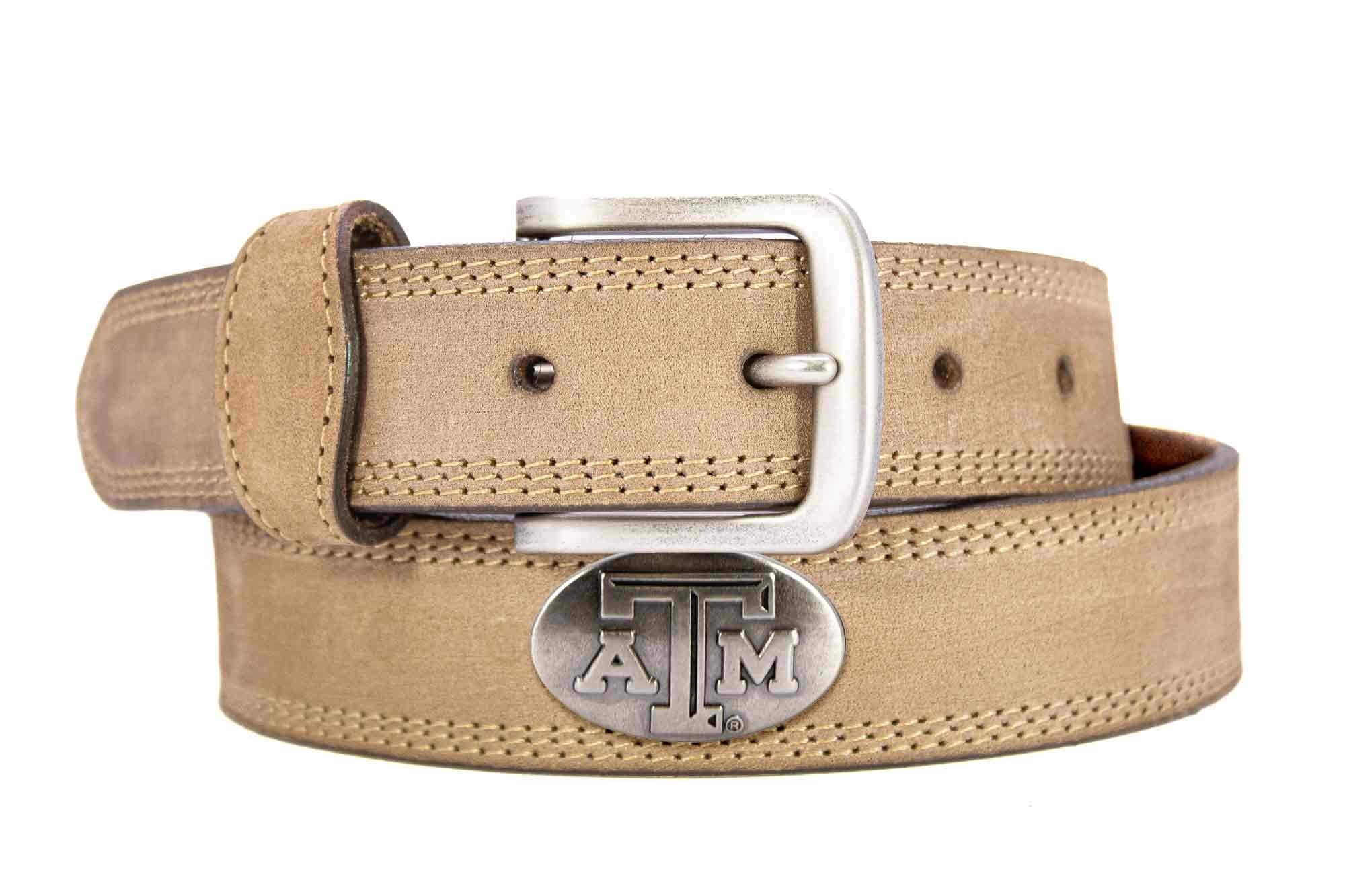 Texas A&M Aggies Men's Collegiate Leather Belt. Aggies Merch. Crazy-horse With Metal Emblem Conchos. TAMU Aggies Outdoor Rugged Belt.