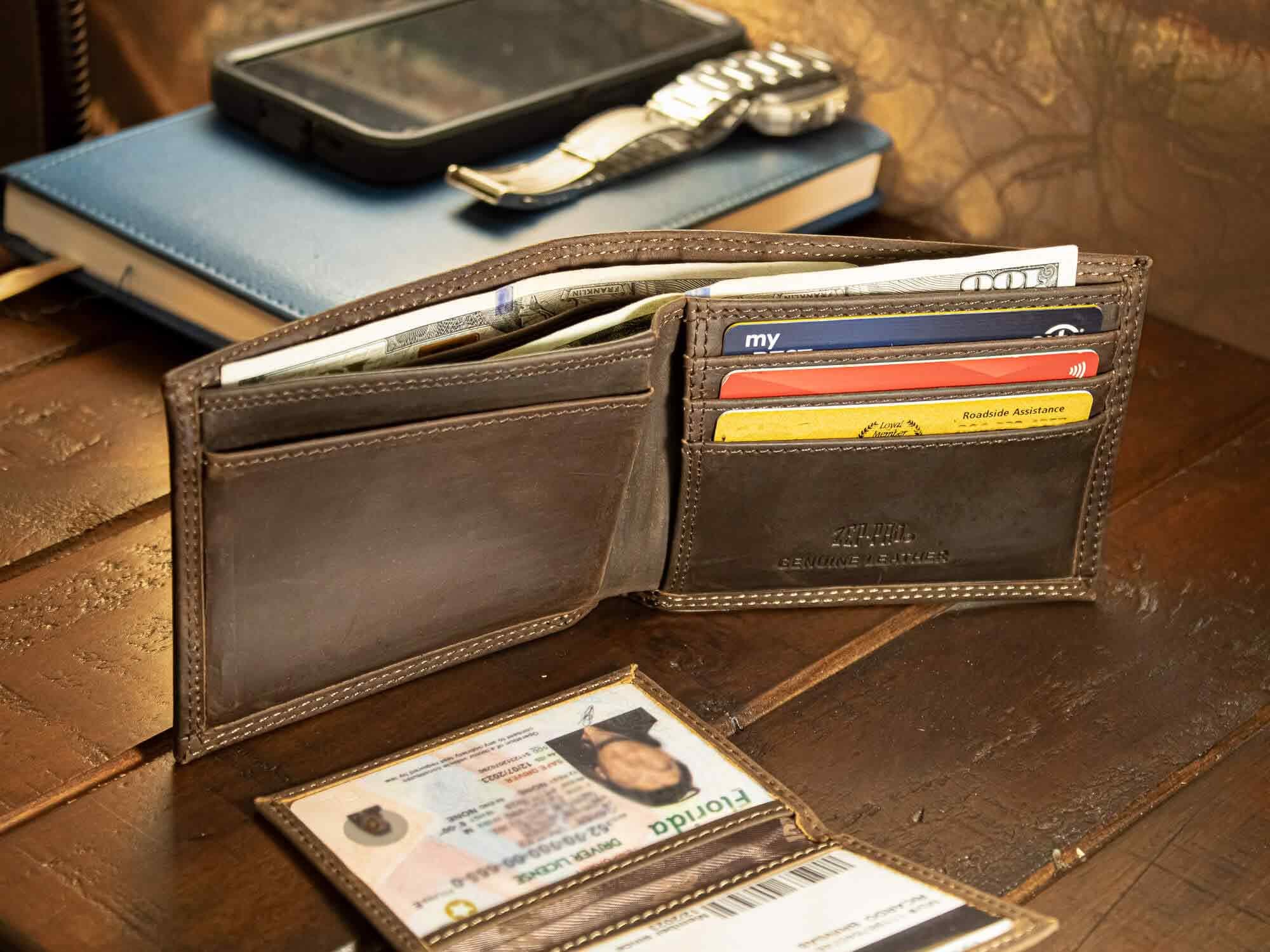 Virginia Tech Hokies Men's Collegiate Bifold Leather Wallet. VA Tech Passcase Wallet. Hokies Gift. Silver Metal Concho Emblem.