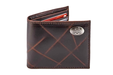 Ohio State Buckeyes Men's Collegiate Bifold Leather Wallet. Ohio State Passcase Wallet. Buckeyes Gift. Silver Metal Concho Emblem.