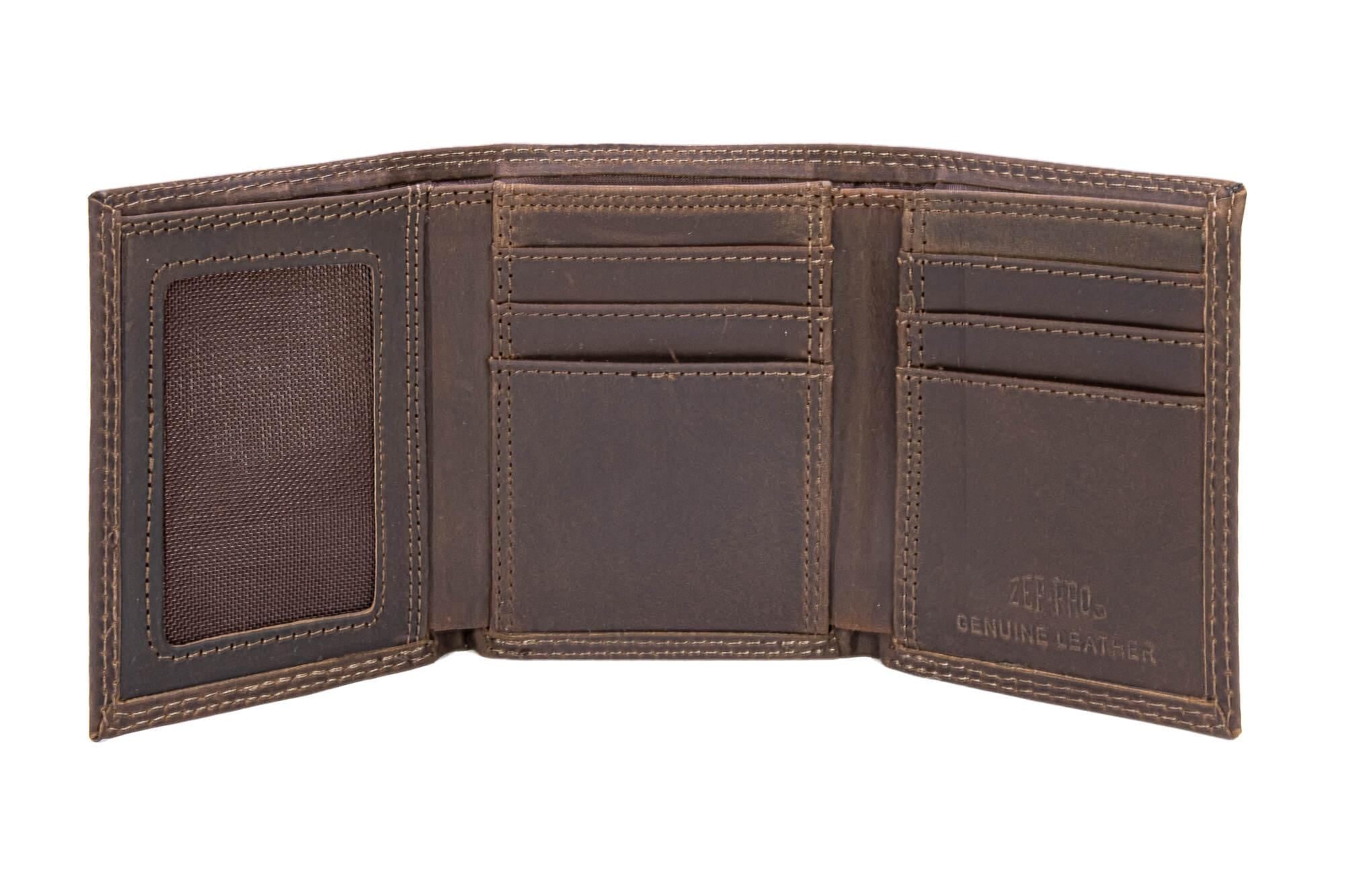 Arkansas Razorback Men's Collegiate Trifold Leather Wallet. Arkansas Wallet. Hogs Merch. Razorbacks Gift. Silver Metal Concho Emblem