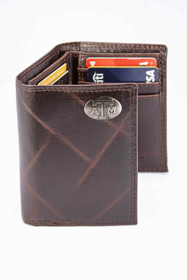 Texas A&M Aggies Men's Collegiate Trifold Leather Wallet. Texas AM Wallet. Aggies Merch. Texas Gift. Silver Metal Concho Emblem