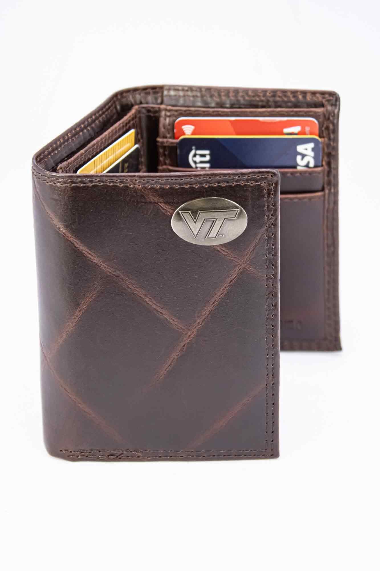 Virginia Tech Hokies Men's Collegiate Trifold Leather Wallet. Virginia Tech Wallet. Hokies Merch. VT Gift. Silver Metal Concho Emblem
