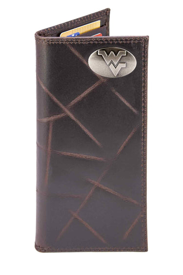 West Virginia Mountaineers Men's Collegiate Secretary Leather Wallet. WVU Long Wallet. WVU Roper Wallet. WVU Gift. Silver Concho Emblem