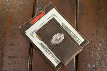 Georgia Bulldogs Men's Collegiate Magnetic Front Pocket Leather Wallet. Dawgs Wallet. UGA Slim Wallet. Silver Concho Emblem