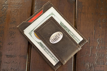 LSU Tigers Men's Collegiate Magnetic Front Pocket Leather Wallet. Tigers Wallet. LSU Slim Wallet. Silver Concho Emblem