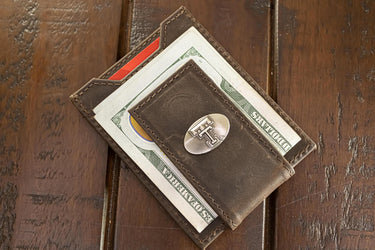 Texas Tech Red Raiders Men's Collegiate Magnetic Front Pocket Leather Wallet. Red Raiders Wallet. TTU Slim Wallet. Silver Concho Emblem